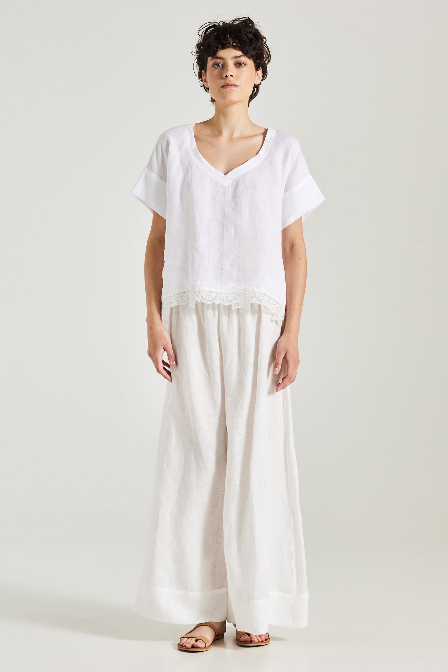 Linen Shirt With Bottom Lace Details And Open Back