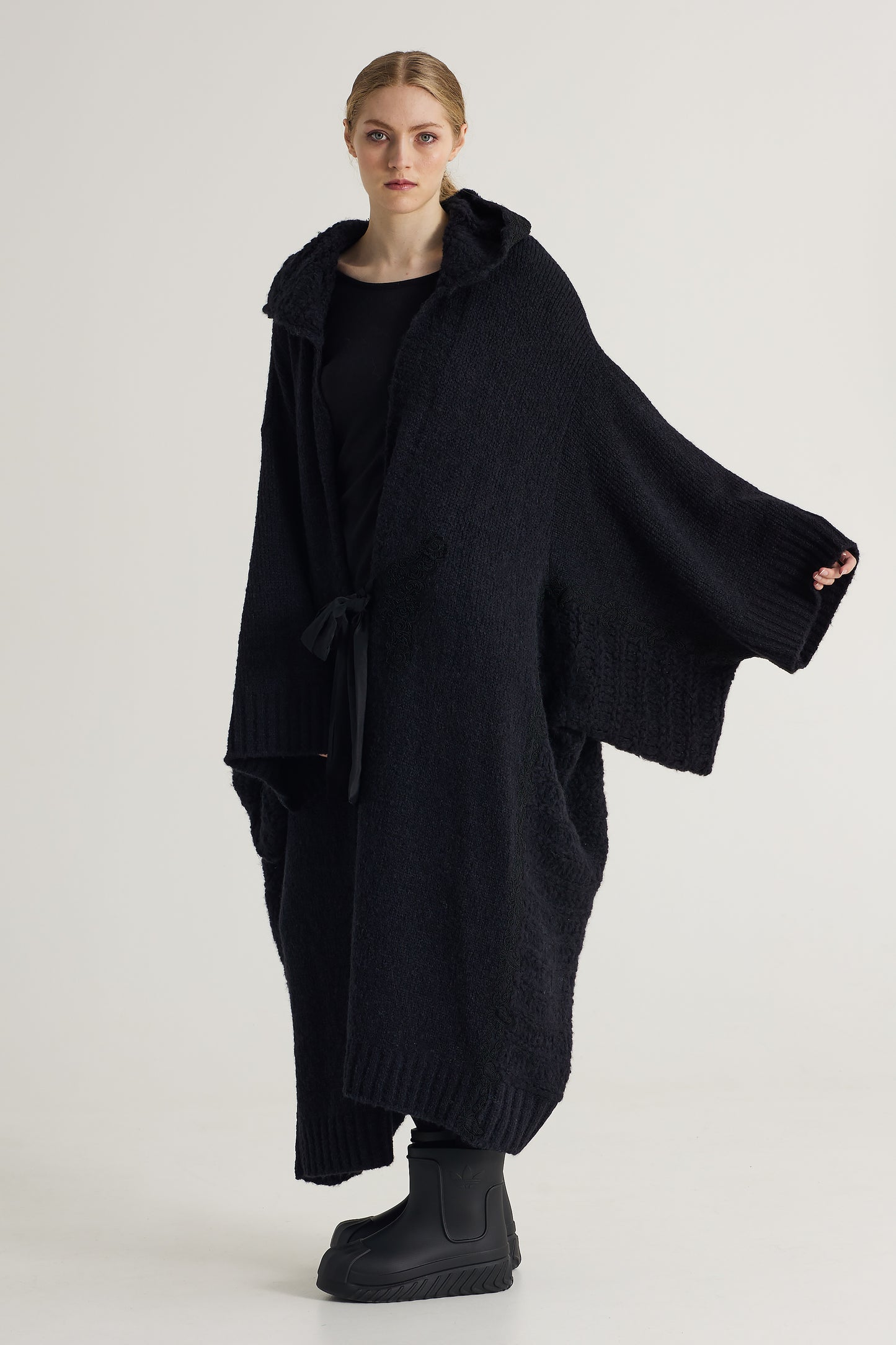 Oversized Wool Coat With Hood And Front Ribbon