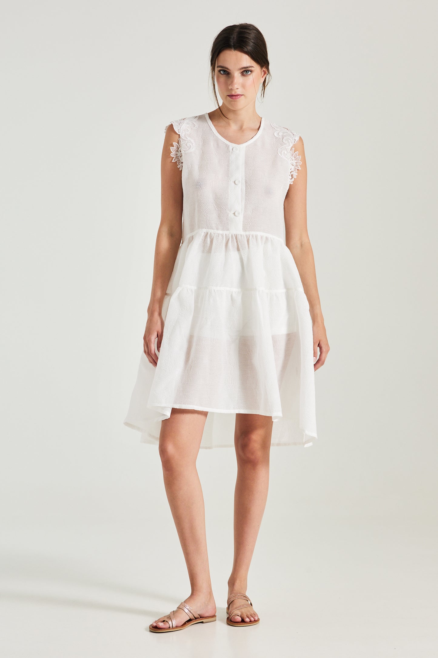 Cotton Dress With Sleeve Lace Details And Front Buttons