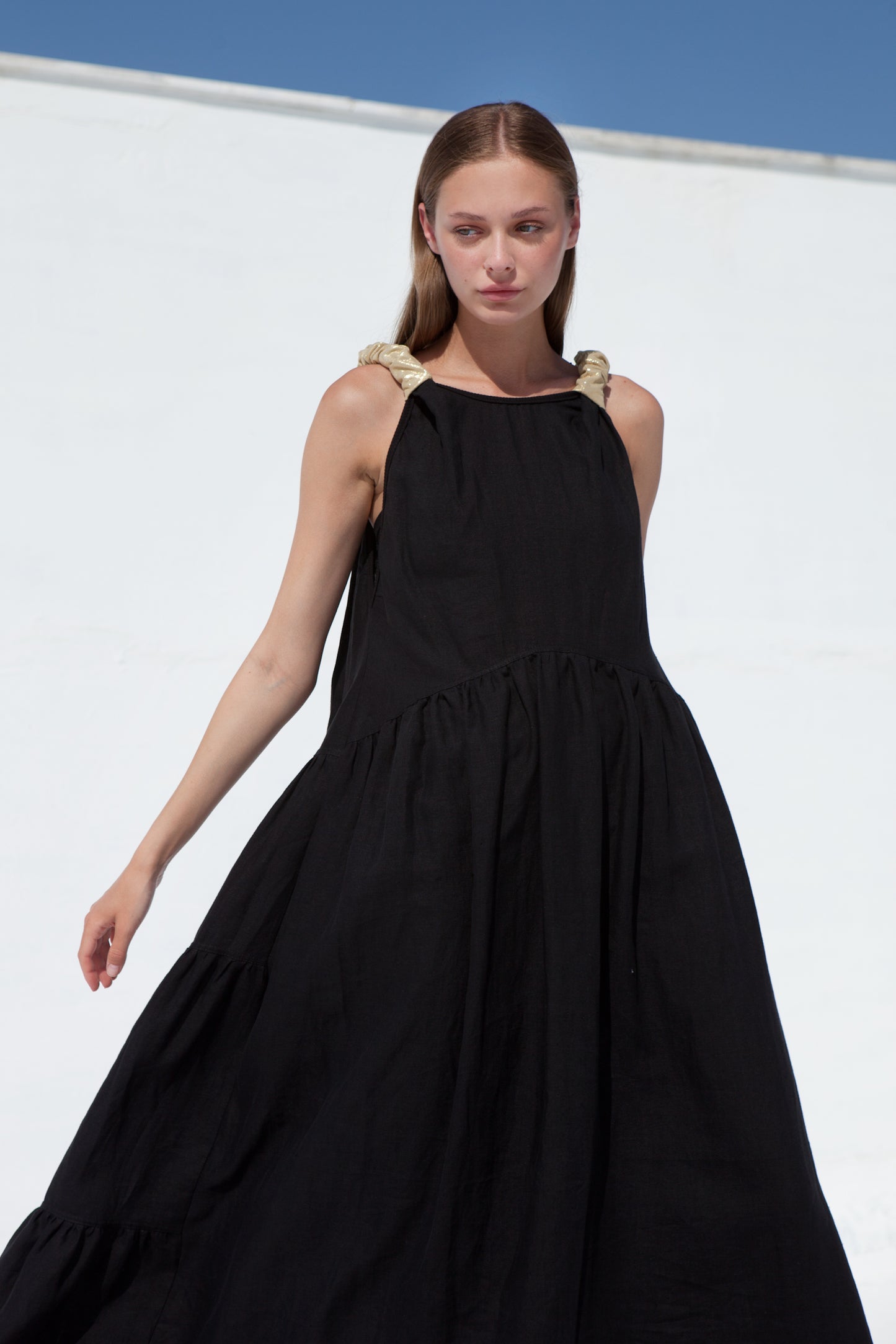 Golden straps linen dress