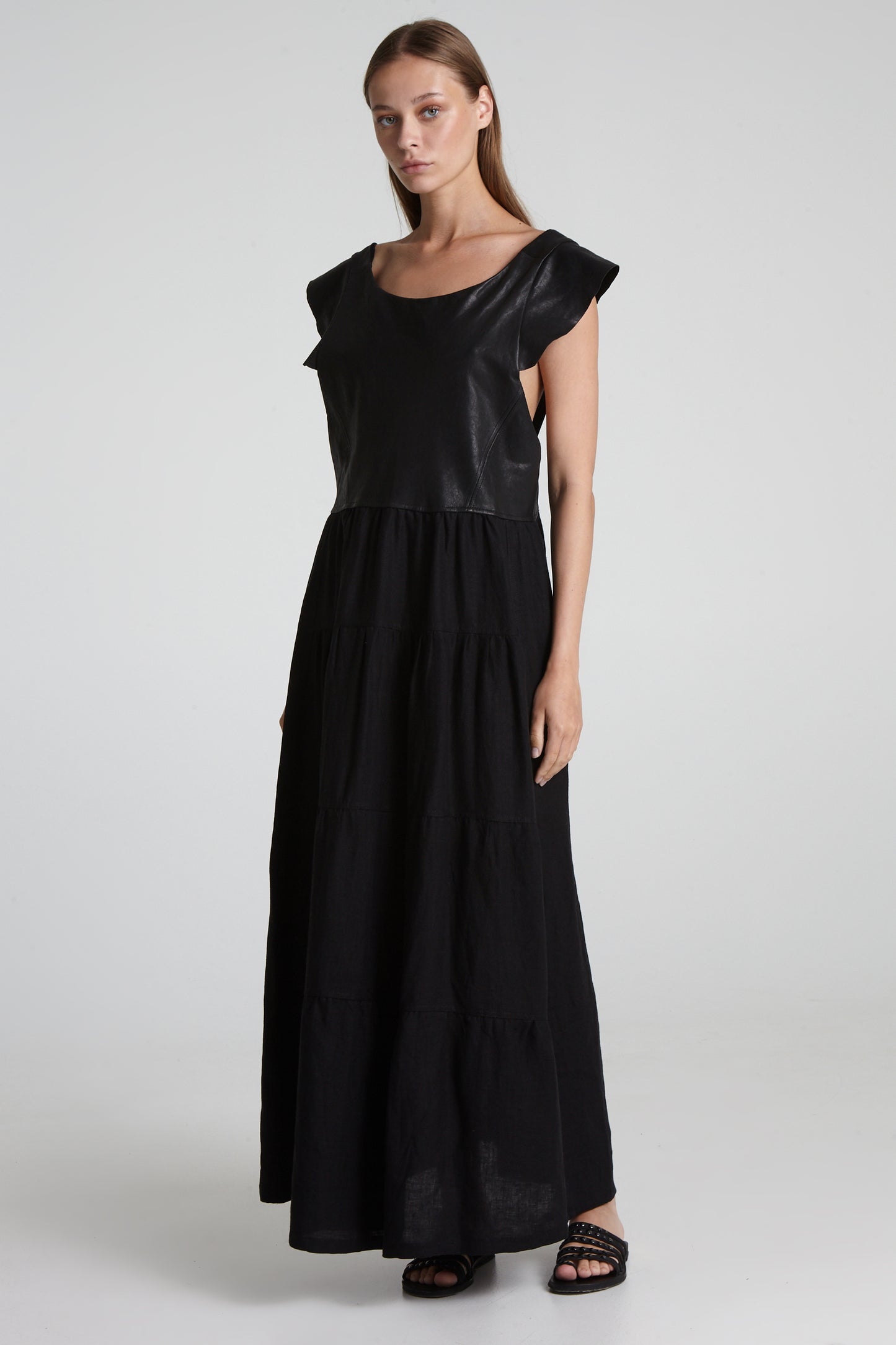 Leather bust linen dress