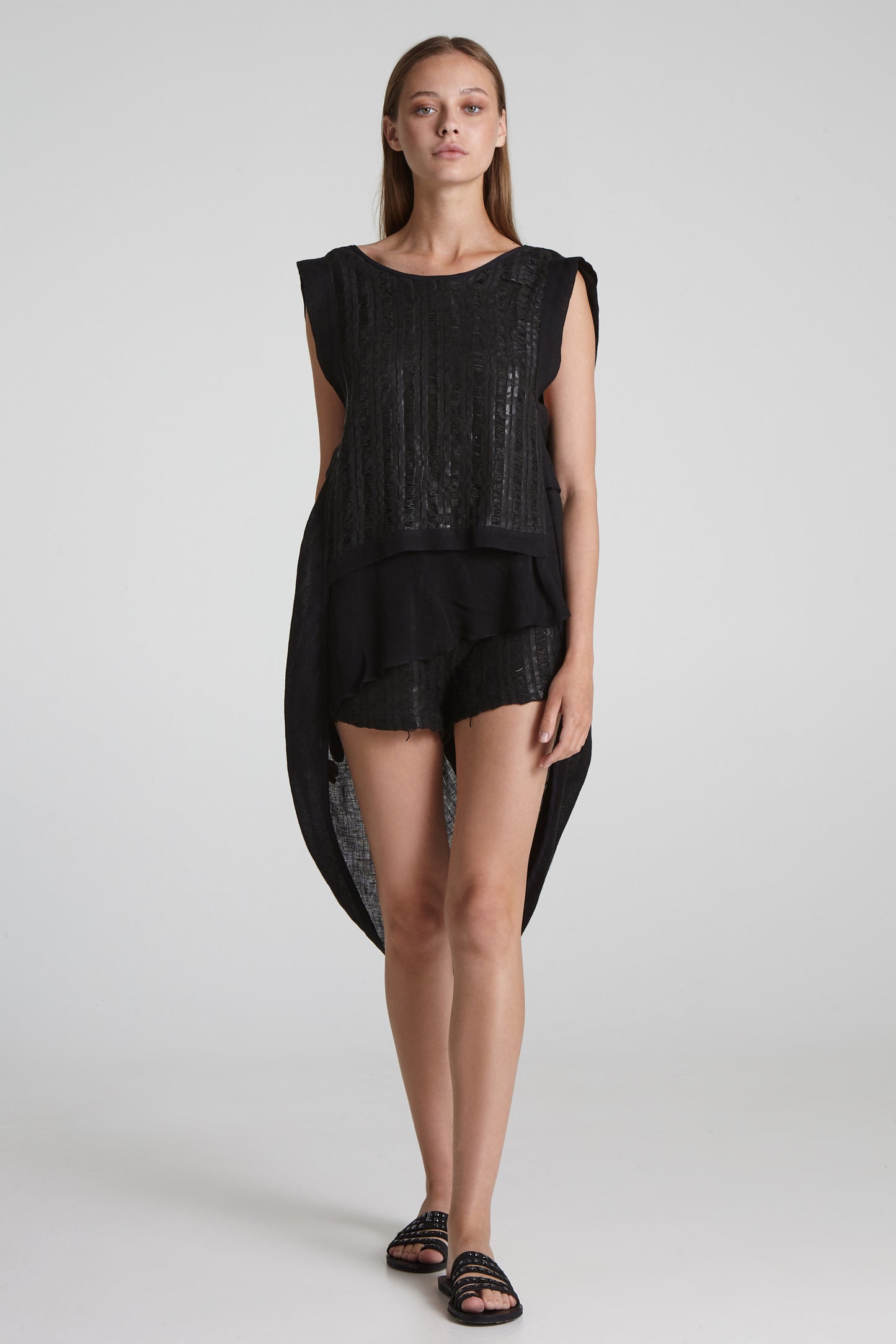Open back leather and linen blouse