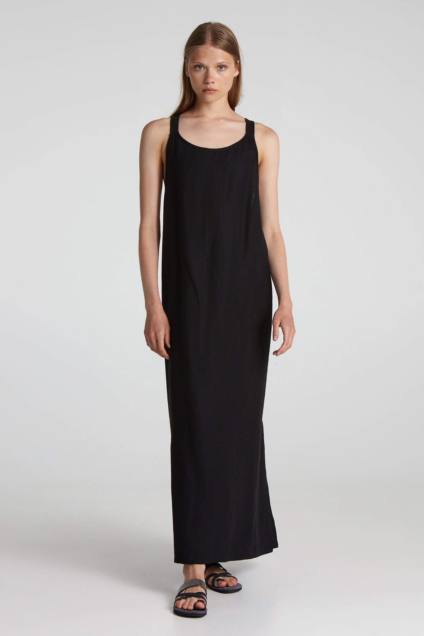 Leather strap lace linen dress