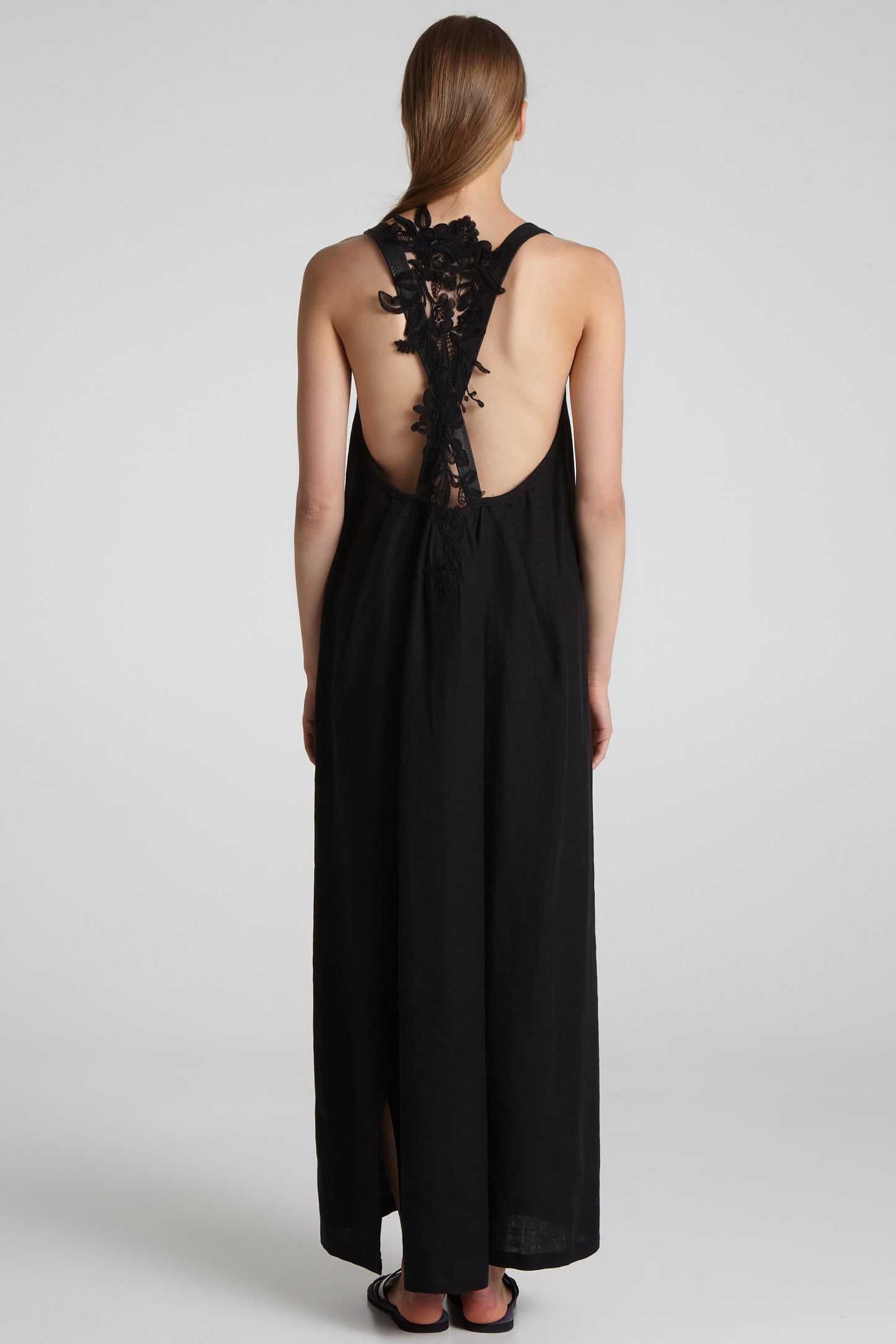 Leather strap lace linen dress