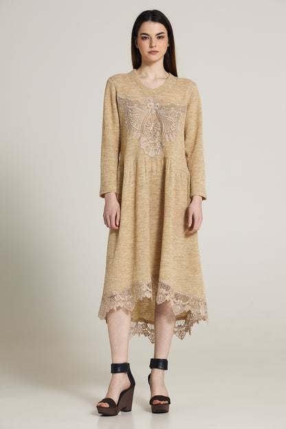 Wool Long Sleeve Dress With Lace