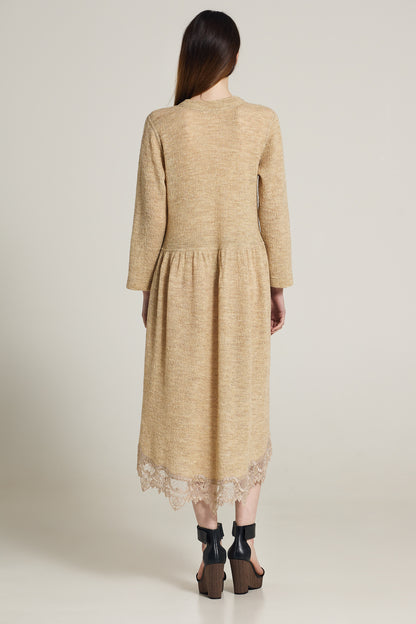 Wool Long Sleeve Dress With Lace