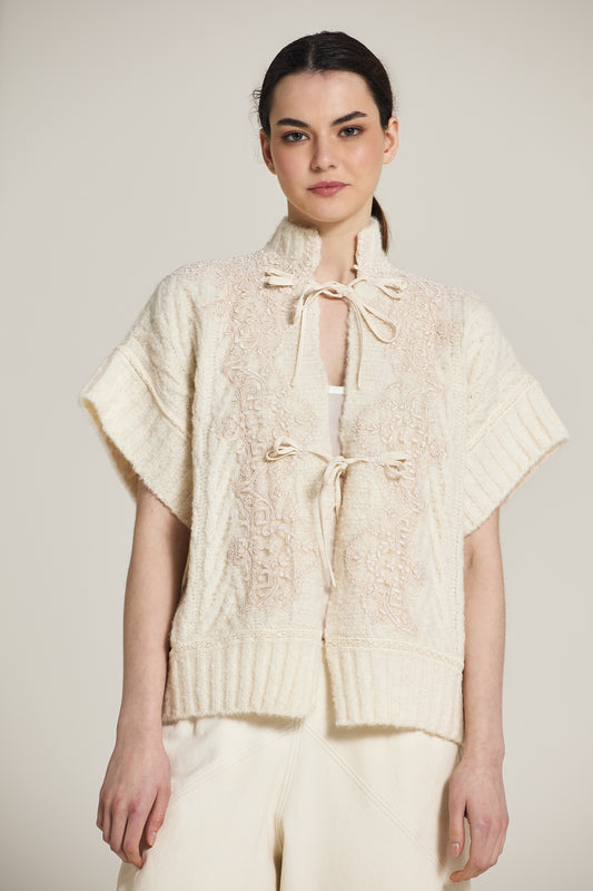 Knitwear Short Sleeve Jacket With Front Ribbons