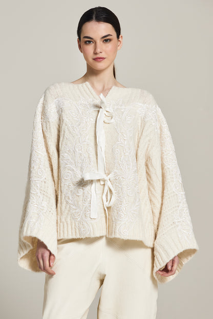 Knitwear Jacket With Lace And front Ribbons