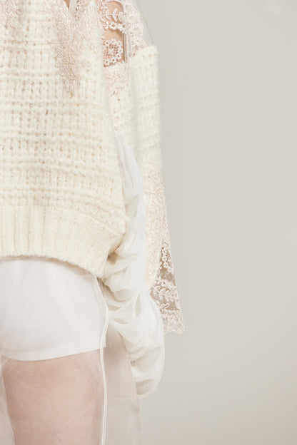 Knitwear Sweater With Silk Sleeve And Lace