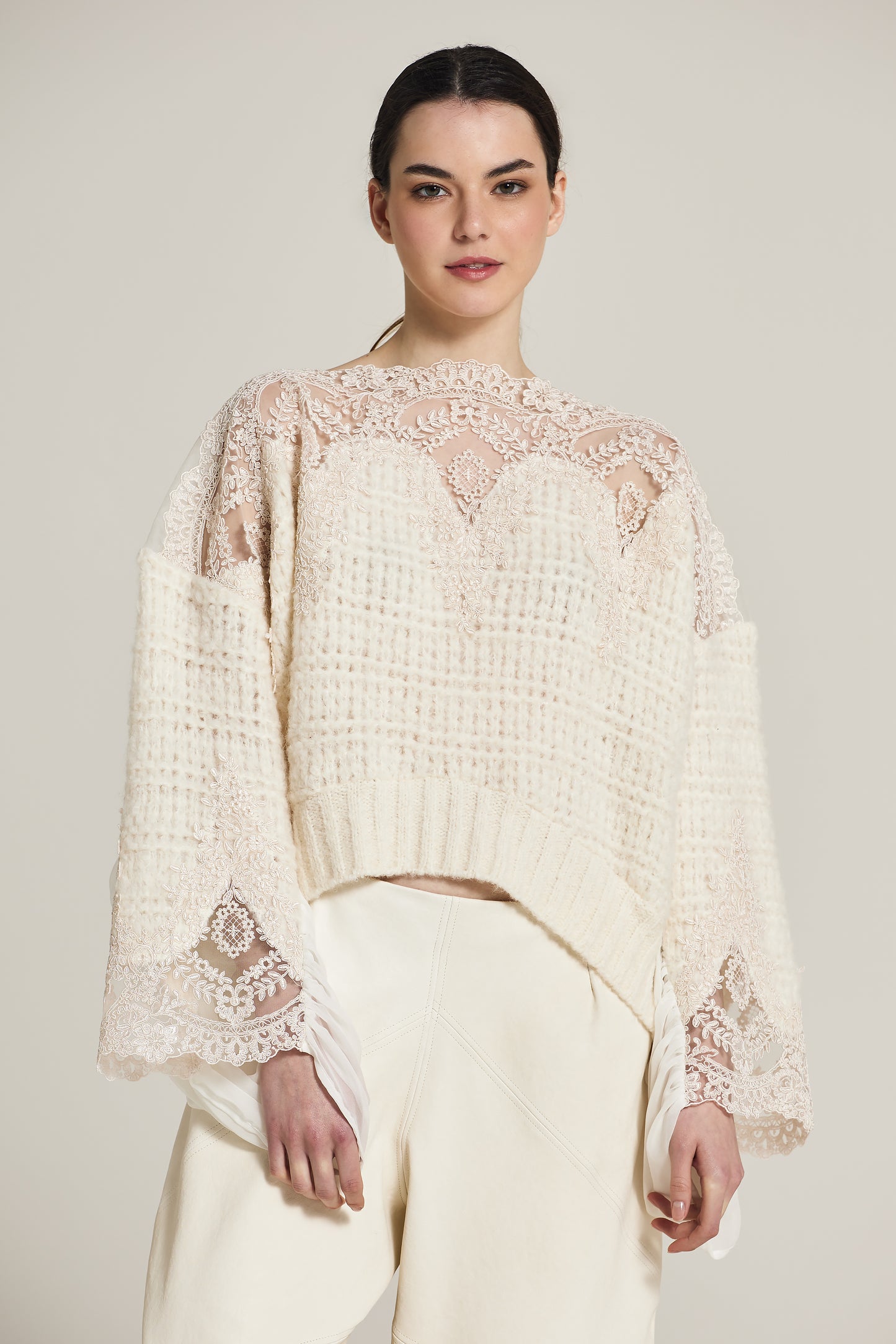 Knitwear Sweater With Silk Sleeve And Lace