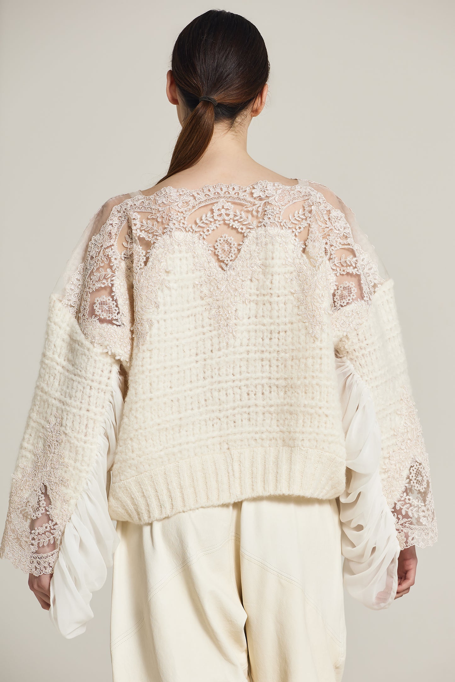 Knitwear Sweater With Silk Sleeve And Lace