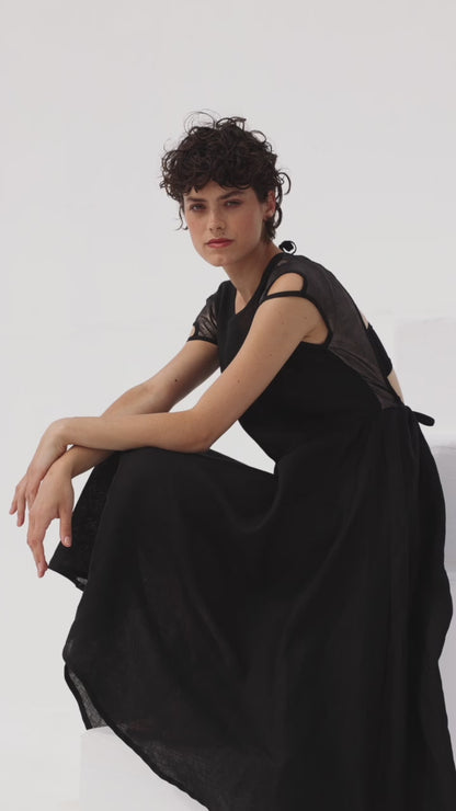 Linen Dress With Open Back And Leather Details