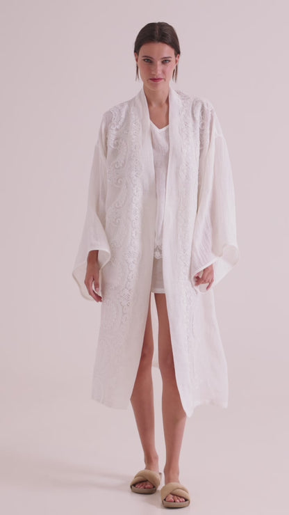 Linen Kimono With Lace Back Details