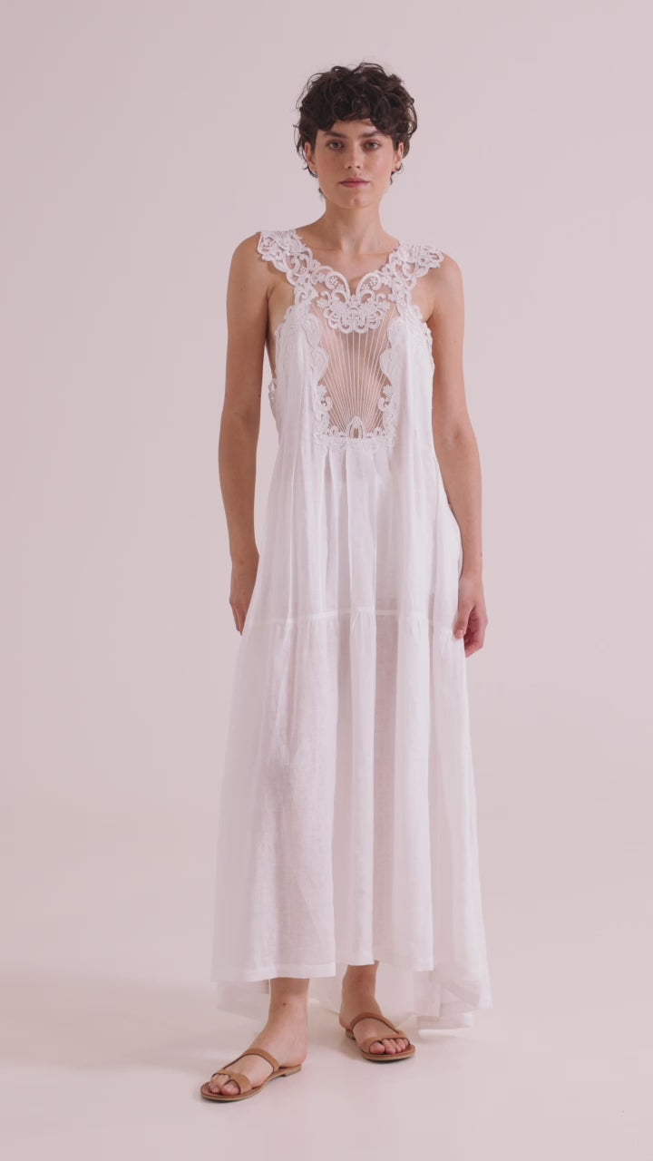 Linen Long Dress With Lace – Maurizio Mykonos