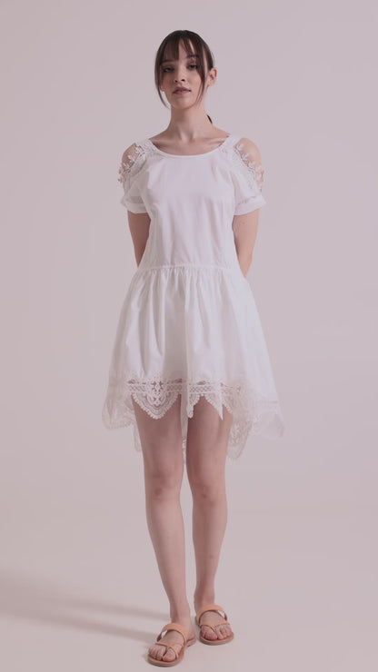High Low Cotton Dress With Open Back And Sleeves