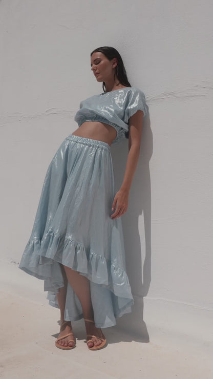 High-Low Linen Skirt With Bottom Ruffles