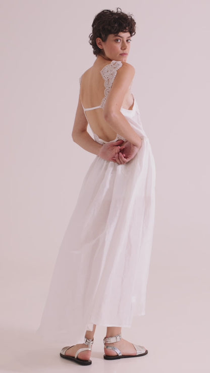 Long Linen Dress With Lace Details And Open Back