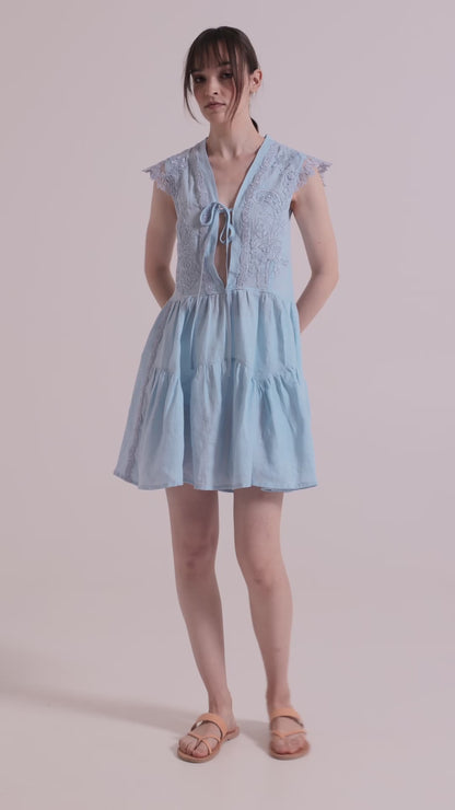 Mini Linen Dress With Front Ribbon And Lace Details