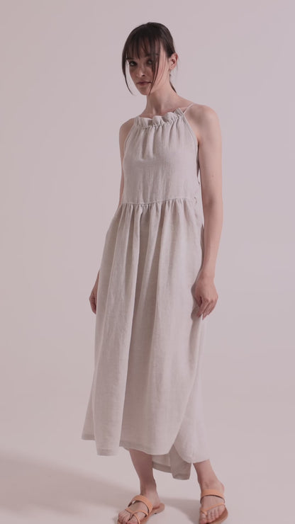 Linen Dress With Open Back Ribbons