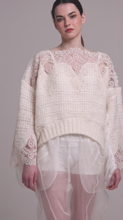 Knitwear Sweater With Silk Sleeve And Lace