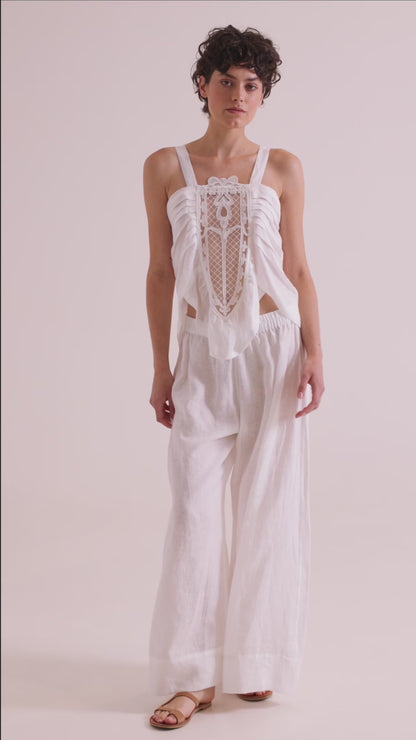 Linen Top With Lace Front And Back Ribbon