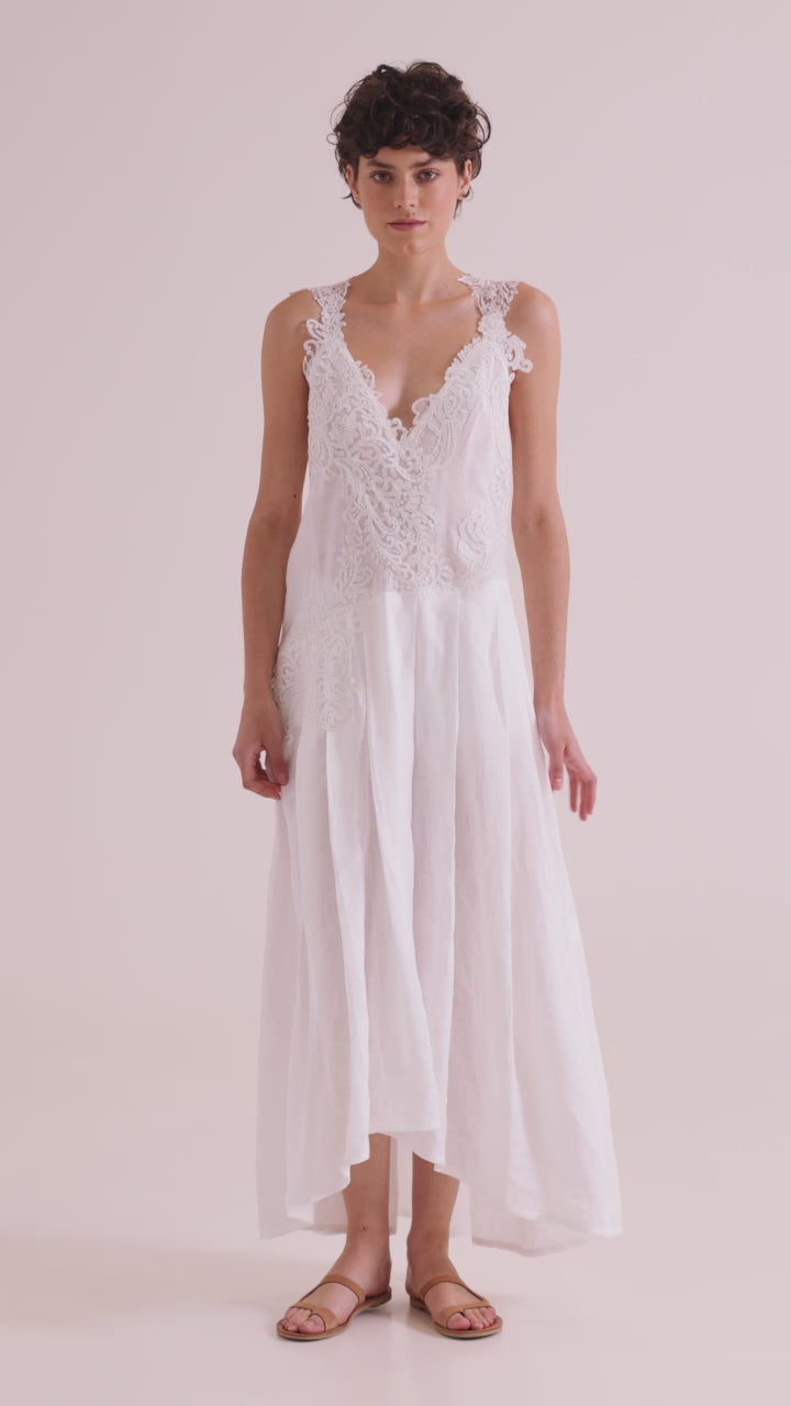 Long Linen Dress With Lace – Maurizio Mykonos