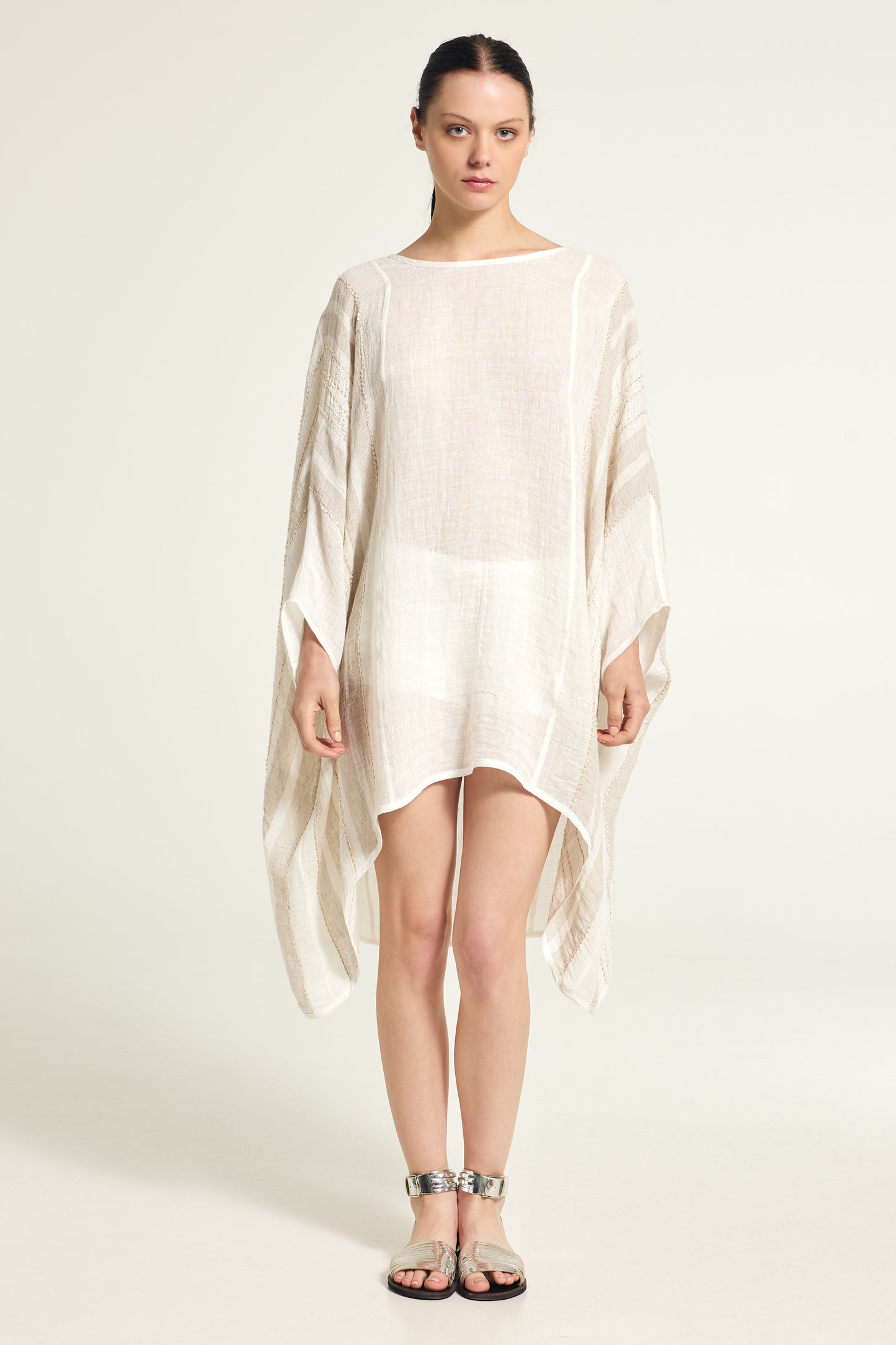 Short gold trimmed linen caftan