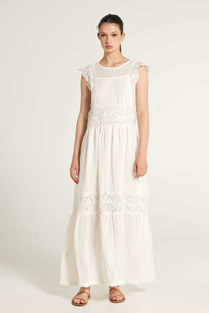 Long linen dress with vertical lace