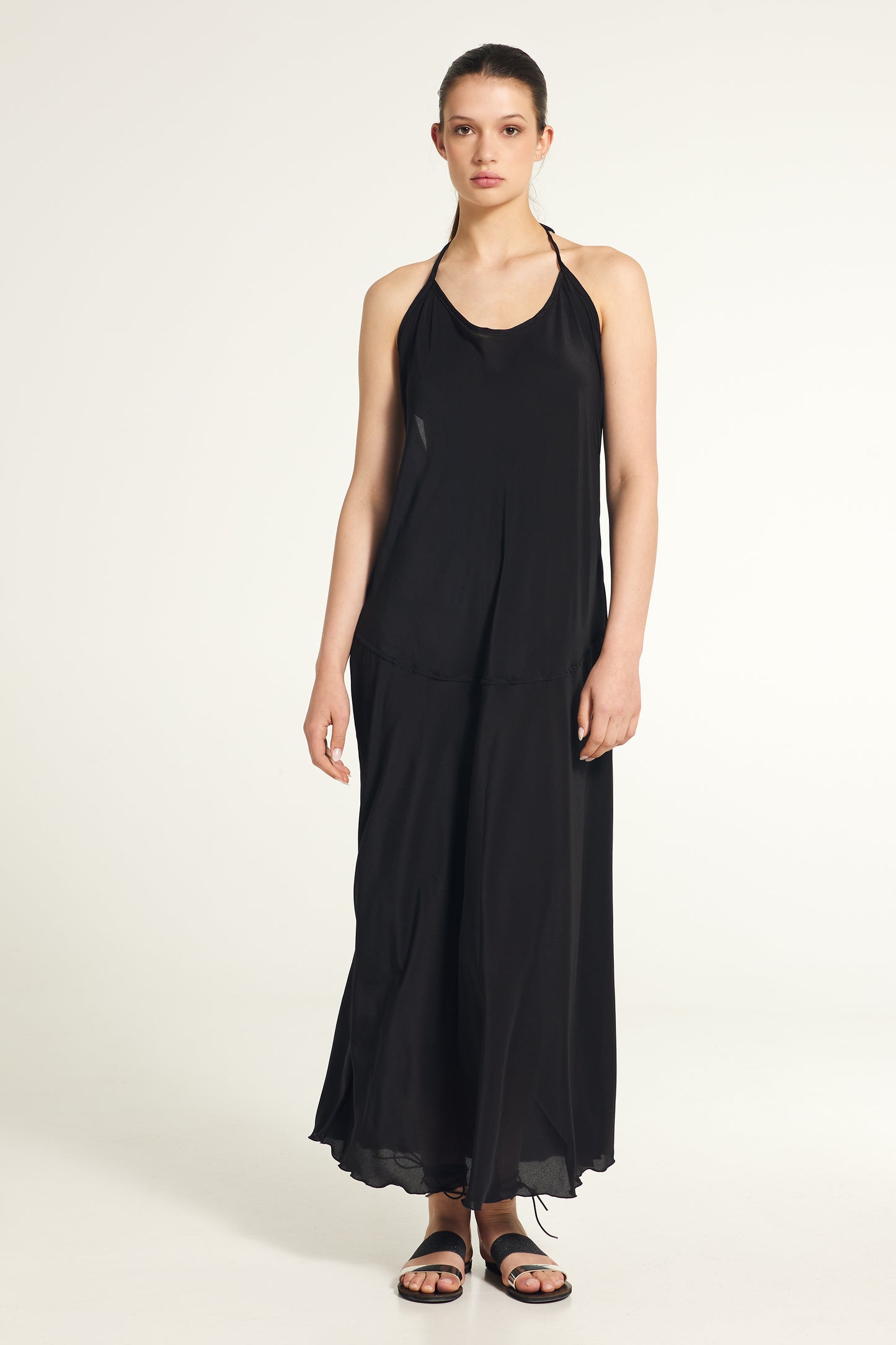 Long Sleeveless Silk Dress With Open Back