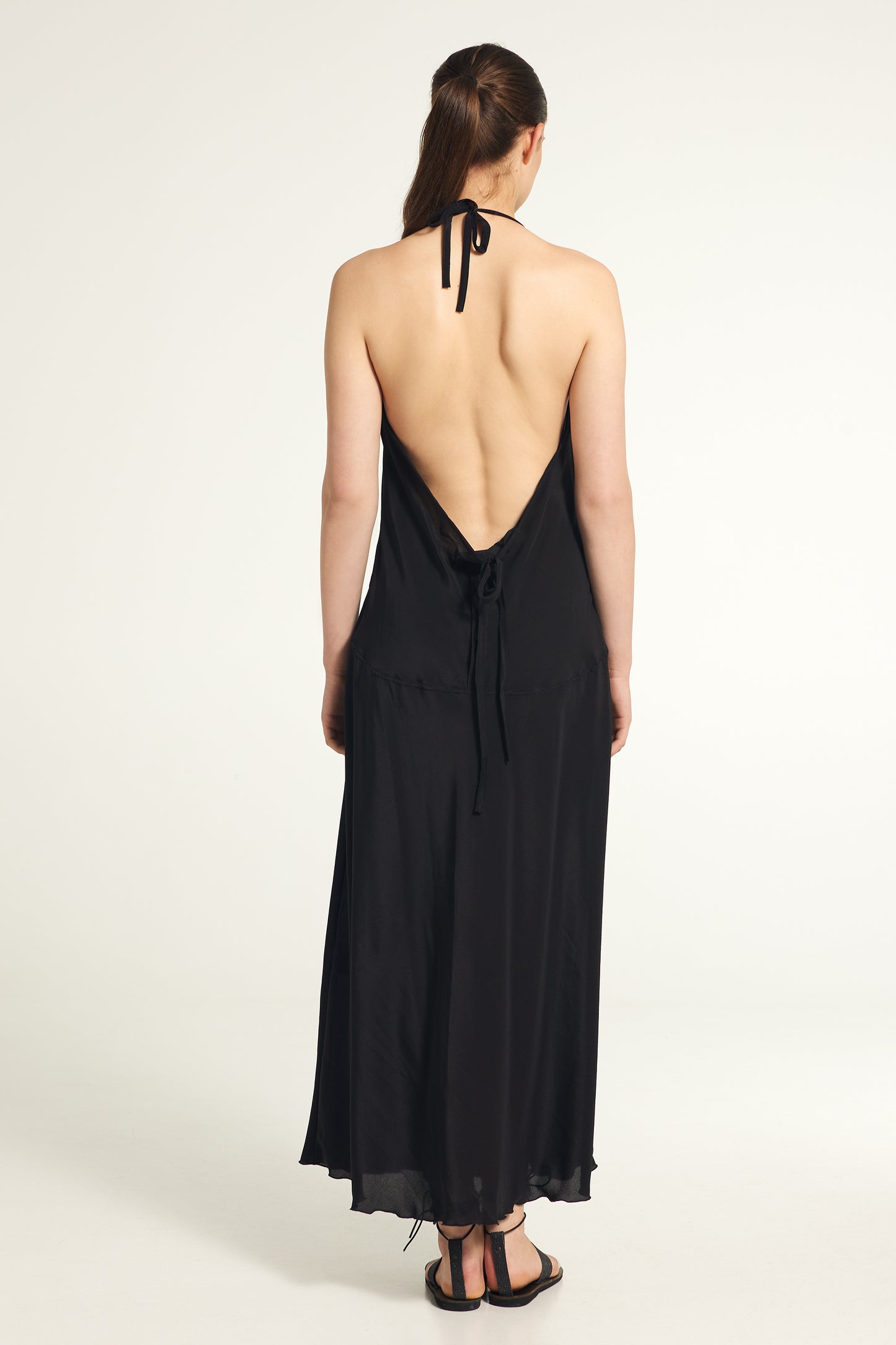 Long Sleeveless Silk Dress With Open Back