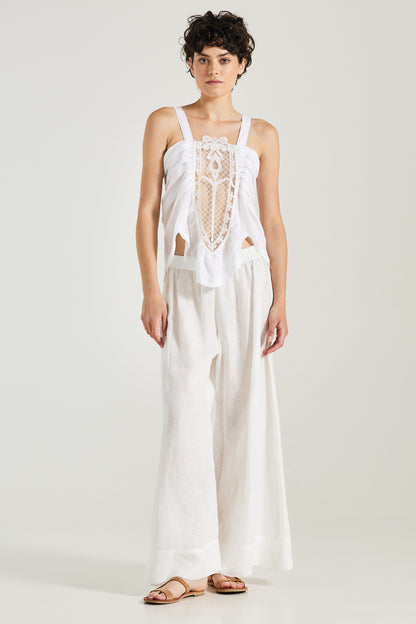 Linen Top With Lace Front And Back Ribbon