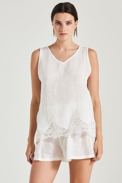 Linen Shirt With V-Neck And Lace Bottom Details