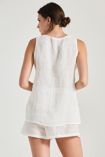 Linen Shirt With V-Neck And Lace Bottom Details