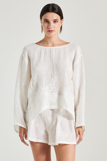 Linen Blouse With Open Back And Lace Details