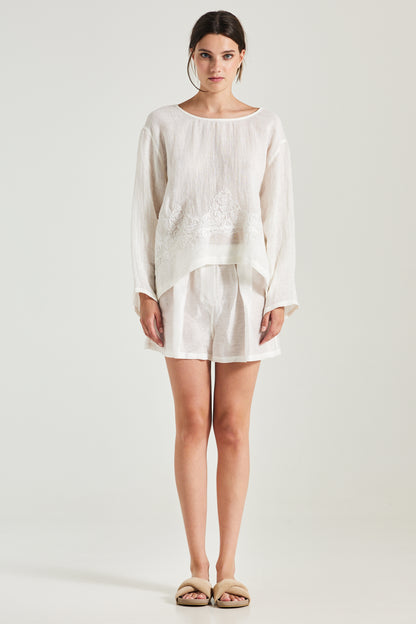 Linen Blouse With Open Back And Lace Details