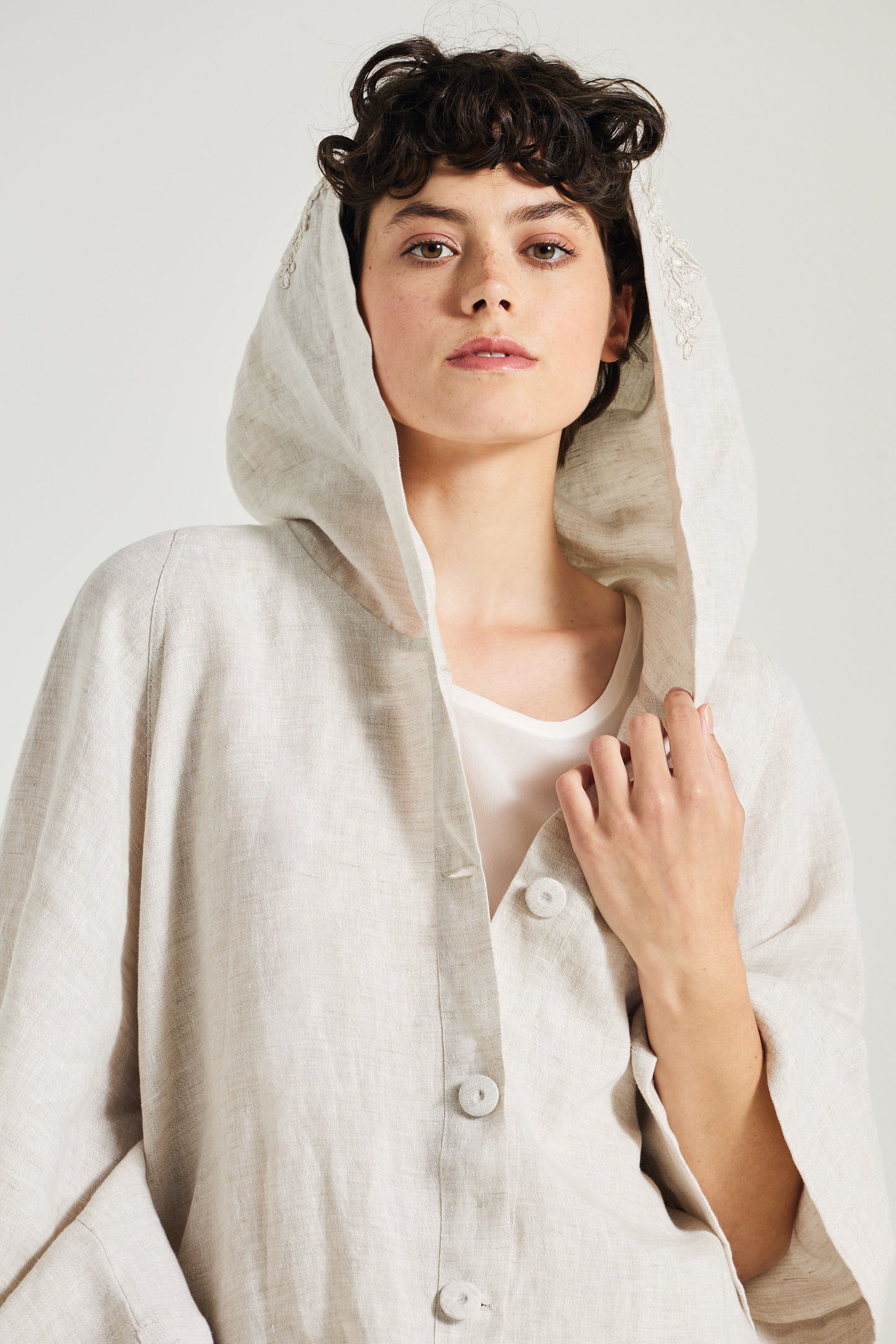 Linen Jacket With Lace Details And Hood