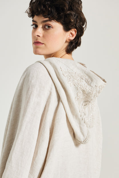 Linen Jacket With Lace Details And Hood