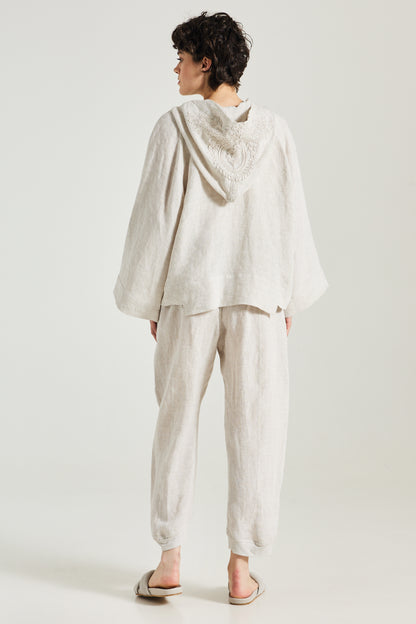 Linen Jacket With Lace Details And Hood
