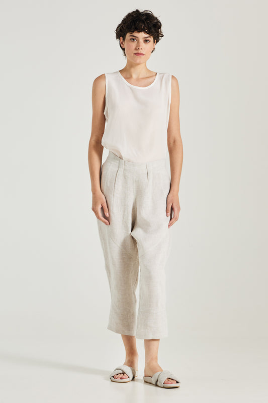High Cuff Linen Trousers With Front Pleats