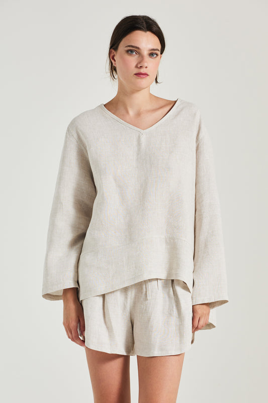 Linen Blouse With V-Neck And Long Sleeves