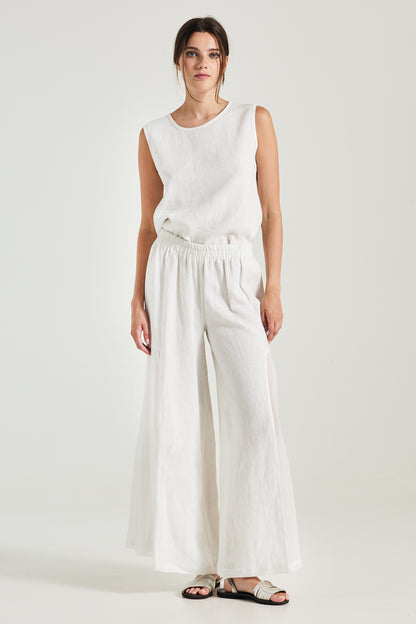 Linen Pants With Pleated Silk Sides And Elastic Waistband