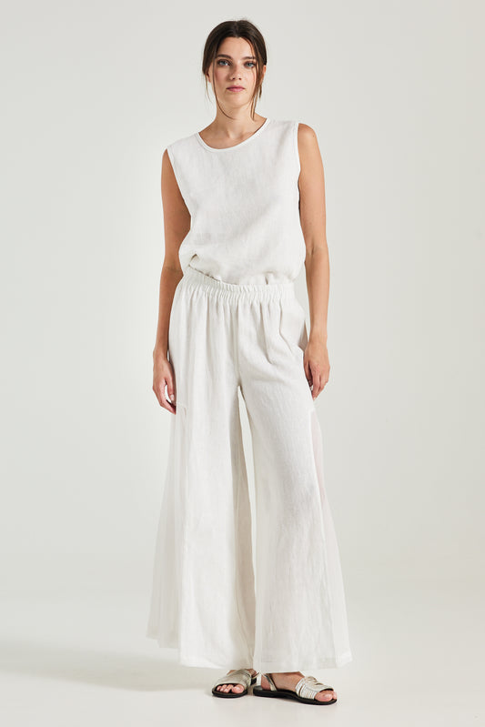 Linen Pants With Pleated Silk Sides And Elastic Waistband