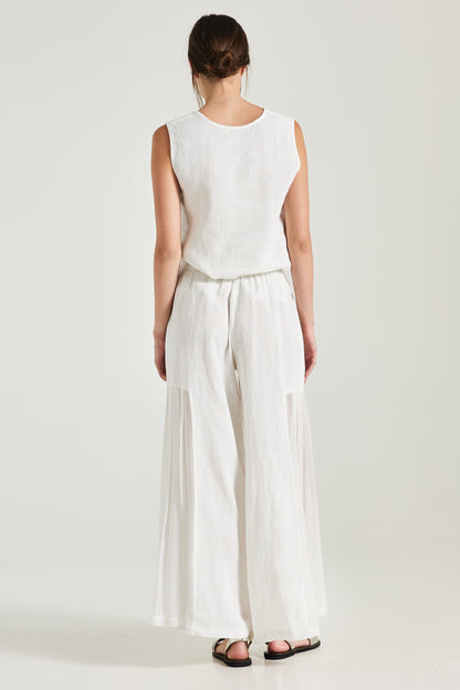 Linen Pants With Pleated Silk Sides And Elastic Waistband