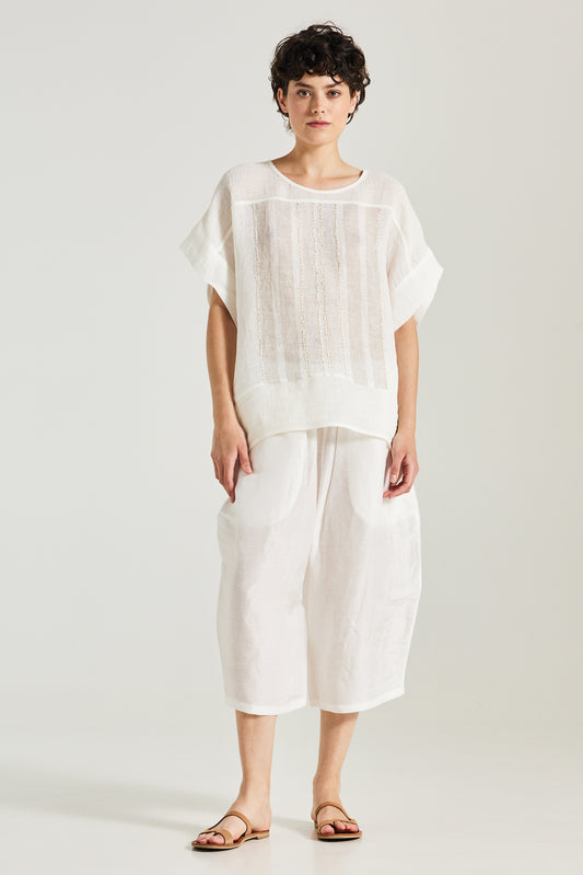 Linen Blouse With Short Sleeves And Gold Vertical Details