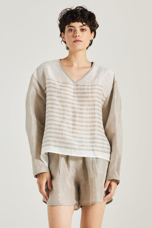 V-Neck Linen And Silk Blouse With Horizontal Stripes