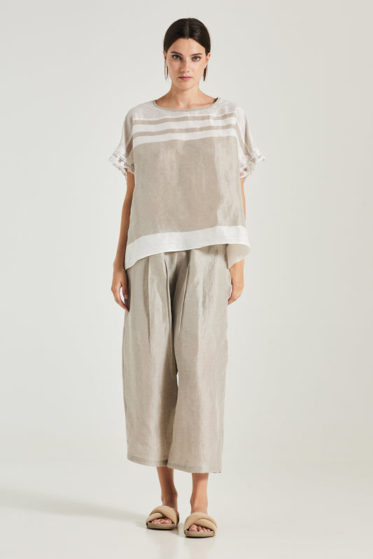 Linen And Silk Blouse With Sleeve Lace Details