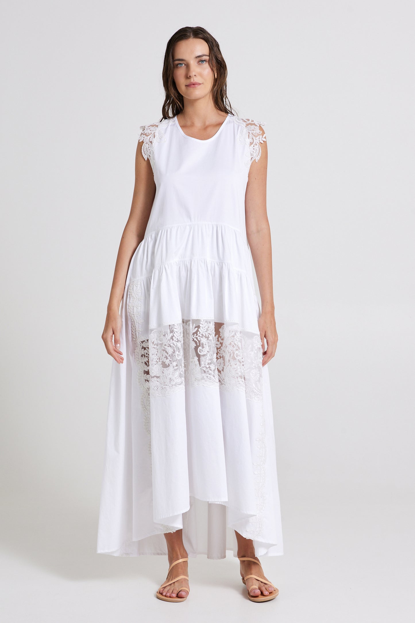 Cotton Dress With Sleeve and Skirt Lace Details