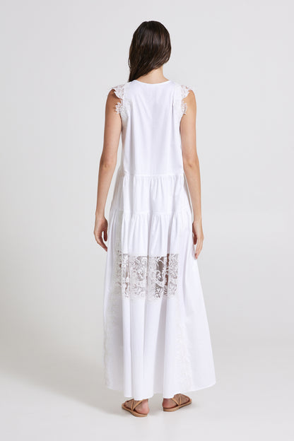 Cotton Dress With Sleeve and Skirt Lace Details