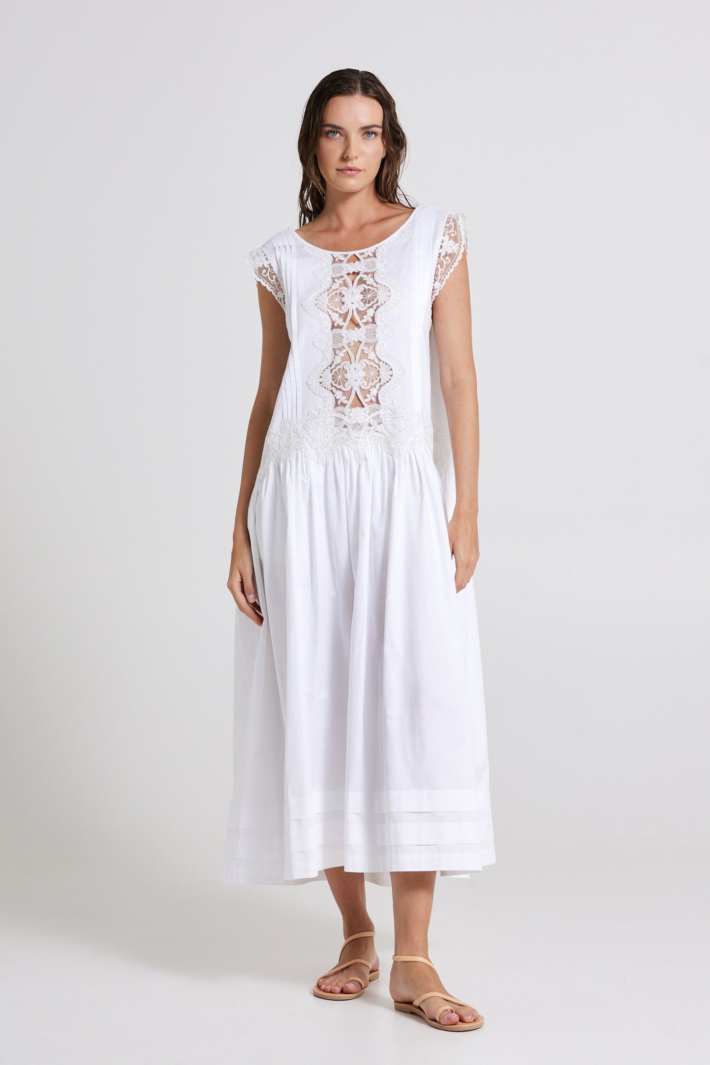 Cotton Dress With Open Back And Lace Details