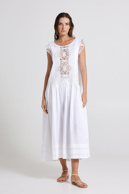 Cotton Dress With Open Back And Lace Details